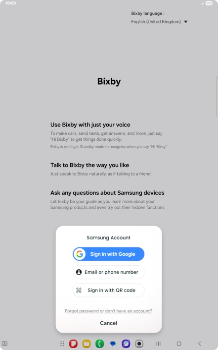 Press the required setting and follow the instructions on the screen to log on to your Samsung account.