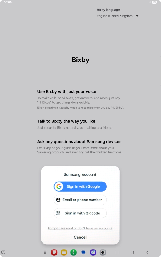 Press the required setting and follow the instructions on the screen to log on to your Samsung account.