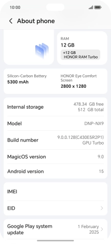Your phone's software version is displayed next to Android version. Your phone's software version is displayed next to Android version.