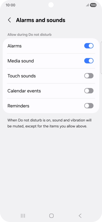 Press the required settings to turn sound and vibration for the selected functions on or off.