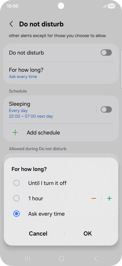 Press the required setting.