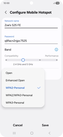 Press WPA3-Personal to password protect your Wi-Fi hotspot.