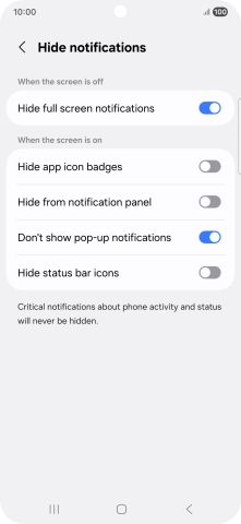 Press the indicators next to the required settings to turn display of the selected notification types on or off.