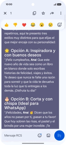 Pulsa la propuesta de texto de Gemini durante unos instantes. Sigue las indicaciones de la pantalla para utilizar el texto propuesto.