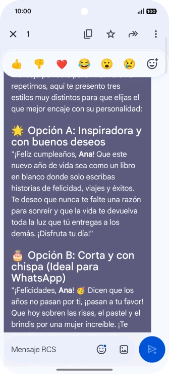 Pulsa la propuesta de texto de Gemini durante unos instantes. Sigue las indicaciones de la pantalla para utilizar el texto propuesto.
