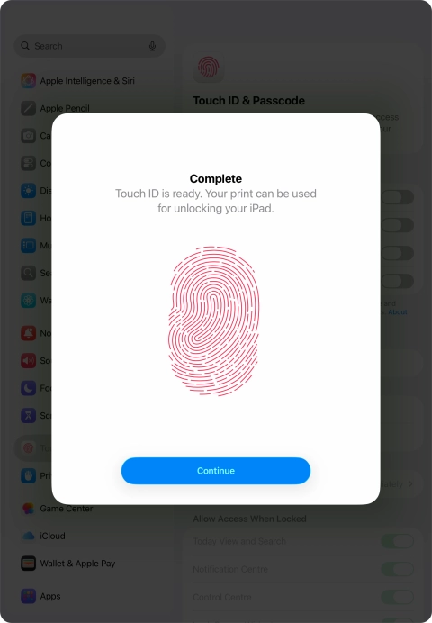 Press Continue. If you haven't previously selected a lock code, key in a code of your own choice twice.