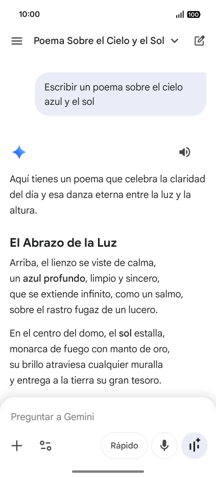 A Gemini le puedes pedir que genere un texto a partir de una descripción tuya.