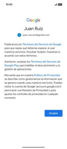 Pulsa Acepto y sigue las indicaciones de la pantalla para seleccionar los ajustes de tu cuenta de Google.