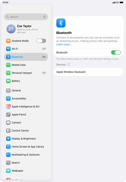 Press the required Bluetooth device and follow the instructions on the screen to pair the device with your tablet. Press the required Bluetooth device and follow the instructions on the screen to pair the device with your tablet.