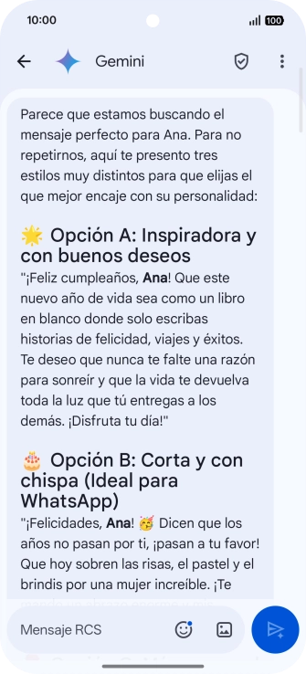 La propuesta de texto de Gemini se visualiza ahora en la pantalla.