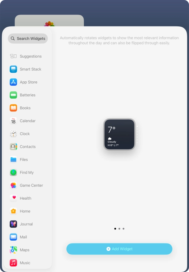Slide your finger right or left on the screen to select the required widget size.