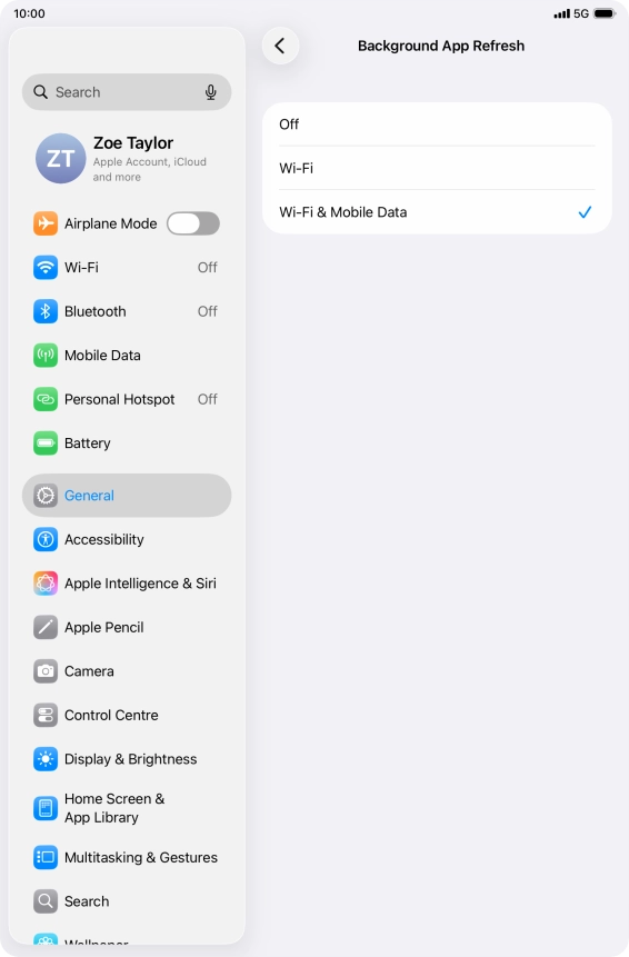 To turn off background refresh of apps, press Off. To turn off background refresh of apps, press Off.