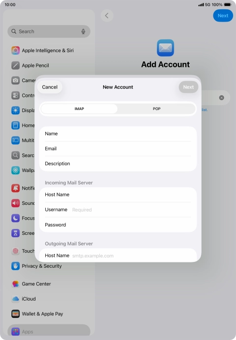 Press Username and key in the username for your email account.