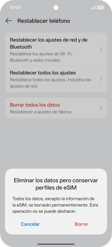 Pulsa Borrar. Espera unos instantes mientras el teléfono restablece la configuración predeterminada. Sigue las indicaciones de la pantalla para configurar el teléfono y dejarlo listo para su uso.