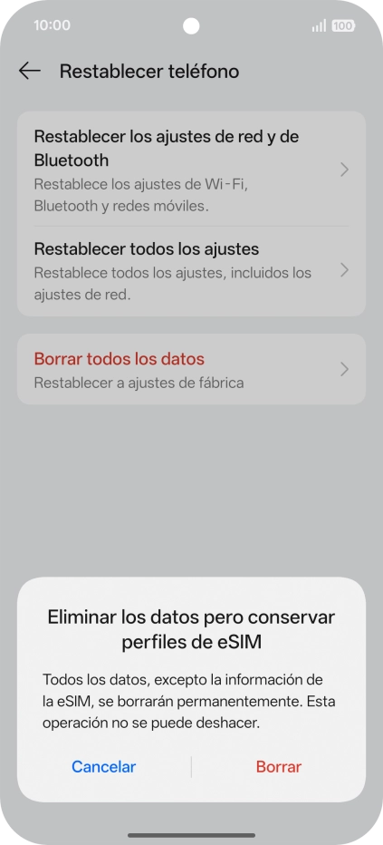 Pulsa Borrar. Espera unos instantes mientras el teléfono restablece la configuración predeterminada. Sigue las indicaciones de la pantalla para configurar el teléfono y dejarlo listo para su uso.