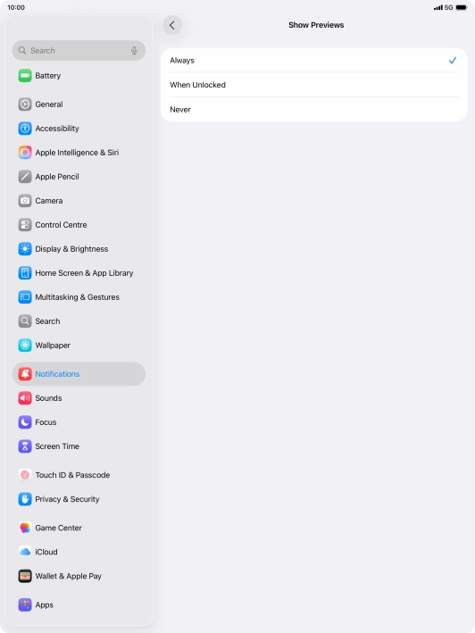 To select notification preview on the lock screen, press Always.