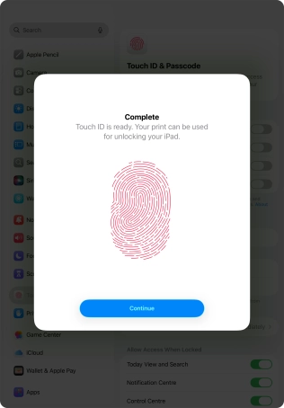 Press Continue. If you haven't previously selected a lock code, key in a code of your own choice twice.