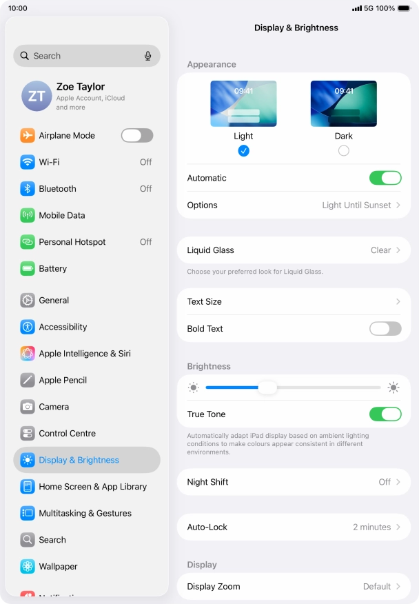 If you turn on the function, press Options and follow the instructions on the screen to select the required period of time for Dark Mode.