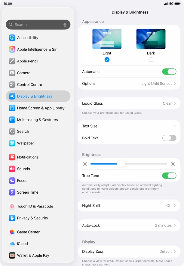 If you turn on the function, press Options and follow the instructions on the screen to select the required period of time for Dark Mode.