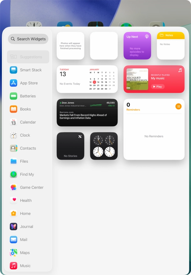 Press the required widget. Press the required widget.