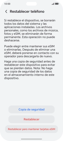 Pulsa Restablecer. Espera unos instantes mientras el teléfono restablece la configuración predeterminada. Sigue las indicaciones de la pantalla para configurar el teléfono y dejarlo listo para su uso.