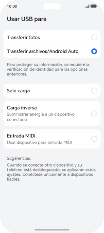 Pulsa Transferir archivos/Android Auto.
