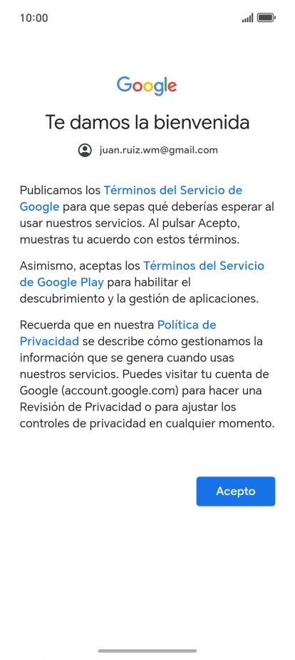Pulsa Acepto y sigue las indicaciones de la pantalla para seleccionar los ajustes de tu cuenta de Google.