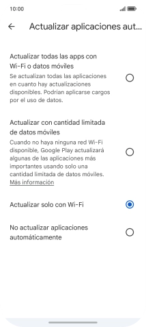Para activar la actualización automática de apps utilizando la red móvil, pulsa Actualizar todas las apps con Wi-Fi o datos móviles.