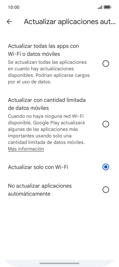 Para activar la actualización automática de apps utilizando la red móvil, pulsa Actualizar todas las apps con Wi-Fi o datos móviles.