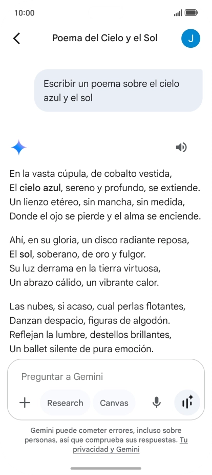 A Gemini le puedes pedir que genere un texto a partir de una descripción tuya. A Gemini le puedes pedir que genere un texto a partir de una descripción tuya.