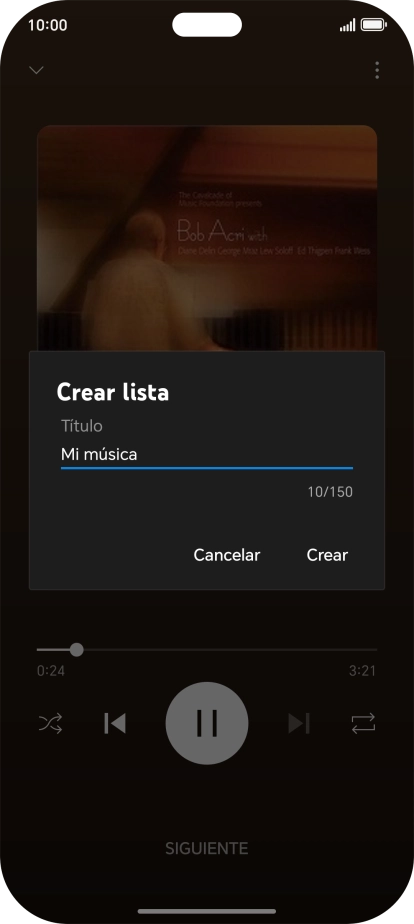 Introduce el nombre deseado de la lista de reproducción y pulsa Crear. Introduce el nombre deseado de la lista de reproducción y pulsa Crear.