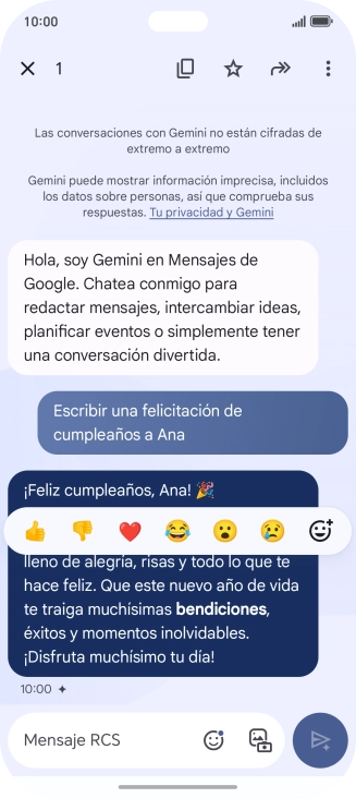 Pulsa la propuesta de texto de Gemini durante unos instantes. Sigue las indicaciones de la pantalla para utilizar el texto propuesto. Pulsa la propuesta de texto de Gemini durante unos instantes. Sigue las indicaciones de la pantalla para utilizar el texto propuesto.