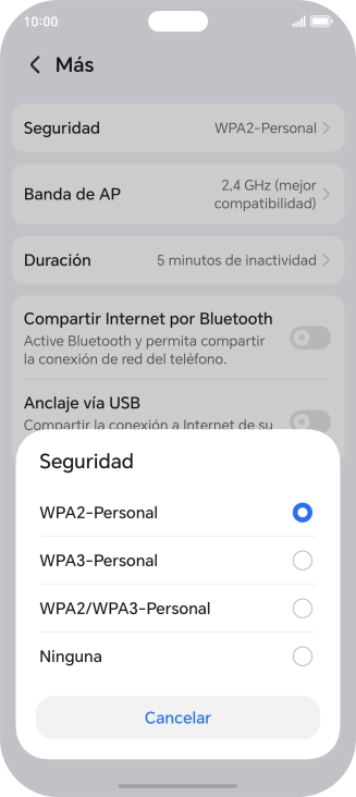 Pulsa WPA3-Personal para proteger la conexión wifi con una contraseña.