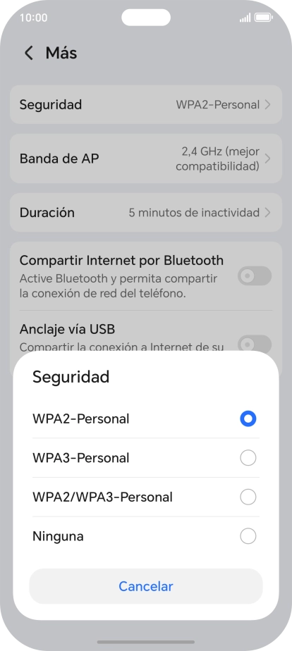 Pulsa WPA3-Personal para proteger la conexión wifi con una contraseña.