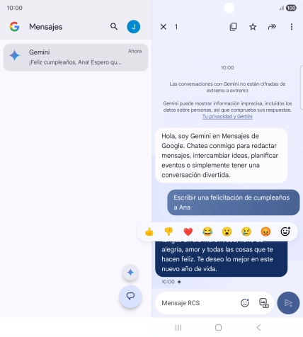 Pulsa la propuesta de texto de Gemini durante unos instantes. Sigue las indicaciones de la pantalla para utilizar el texto propuesto.
