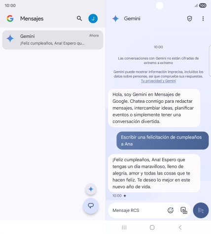 La propuesta de texto de Gemini se visualiza ahora en la pantalla.