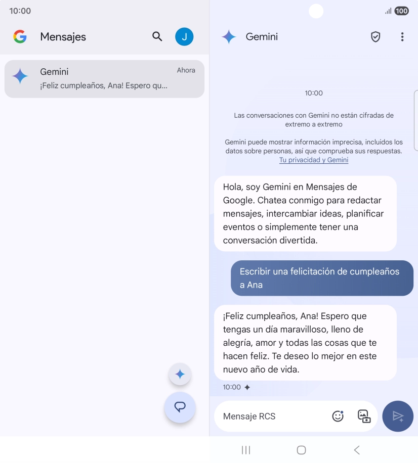 La propuesta de texto de Gemini se visualiza ahora en la pantalla.