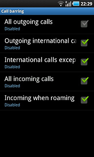 When the box next to the menu item is empty, call barring is deactivated.Repeat until all call barrings have been deactivated.