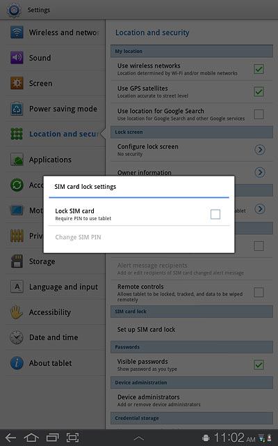 Press Lock SIM card to turn use of PIN on or off.