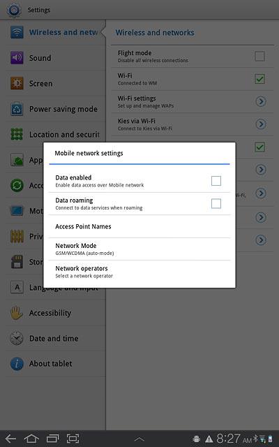 Press Data roaming to turn data roaming on or off.