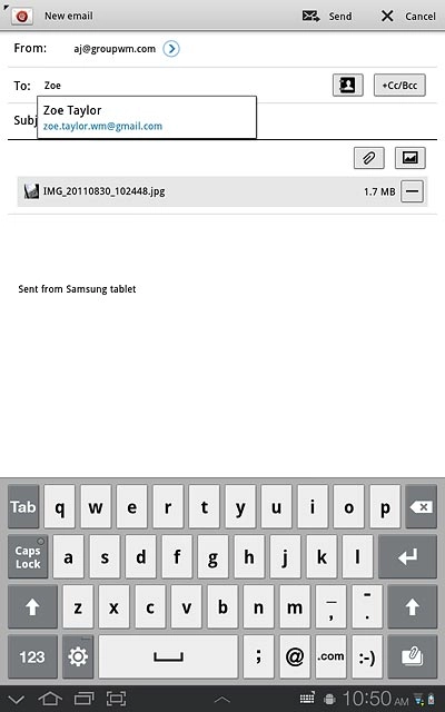 An email message containing the picture or video clip is created.Key in the first letters of the required contact.Matching contacts are displayed.Press the required contact.