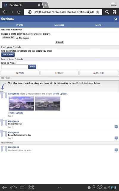 You can now use the application.Please note that Facebook is not part of the original application package and therefore only a general description is given here.You have a number of options, such as:Write status updatesSend messagesWrite text on WallUpload picturesSelect application settings