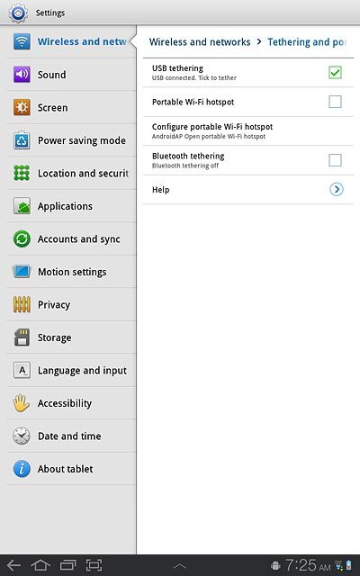 When the box next to the menu item is ticked (V), the function is turned on.An internet connection from your computer via your device is automatically established.When the connection is established, you can access the internet from your computer.