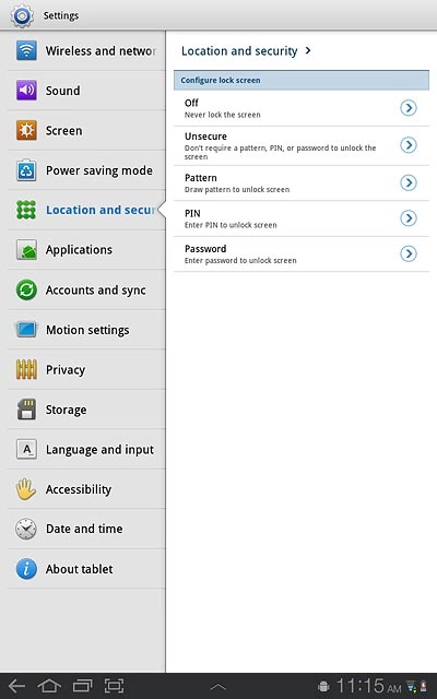 Press Pattern, PIN or Password.Follow the instructions on the display to change the lock code.