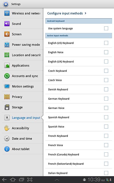 Press Use system language or the required language to turn it on or off.