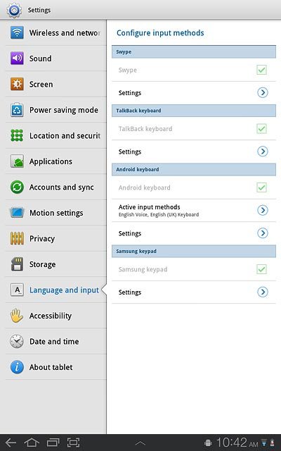 To select writing language for the Swype keypad:Press Settings.