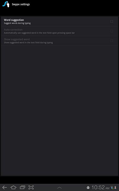 Press Word suggestion to turn word suggestion on or off: