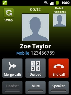 Your calls are displayed at the top of the display and the call on hold is indicated by On hold .