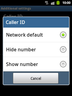 Press Network default, Hide number or Show number.