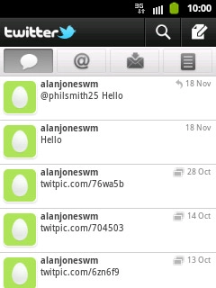 You can now use the application.Please note that Twitter isn't part of the original application package and therefore only a general description is given here.You have a number of options, such as:Write status updatesView status updates from people you followView messages sent directly to youSelect application settings